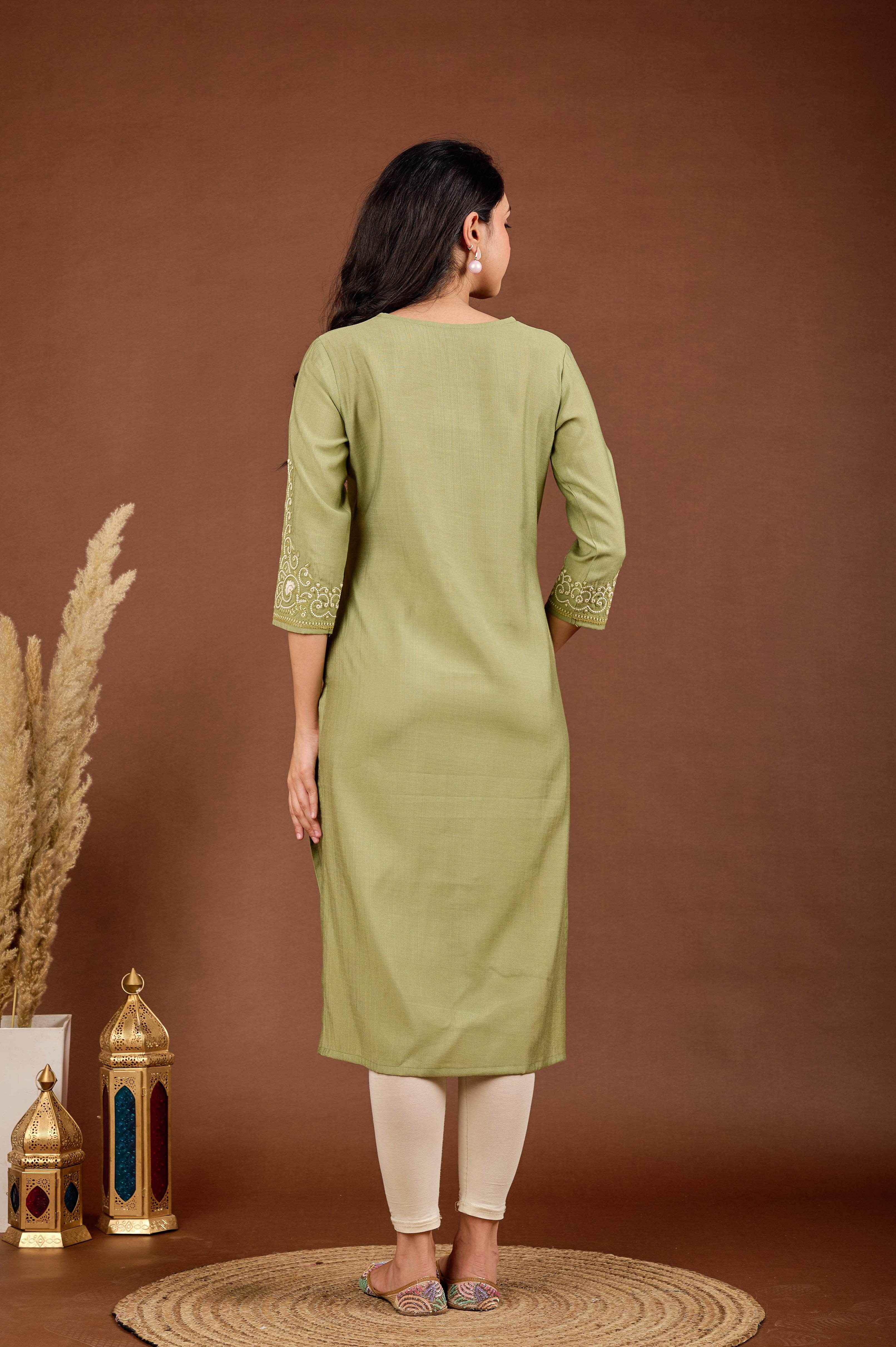 BELVEERA Olive Green White Embroidery on Chest and Sleeves Kurta