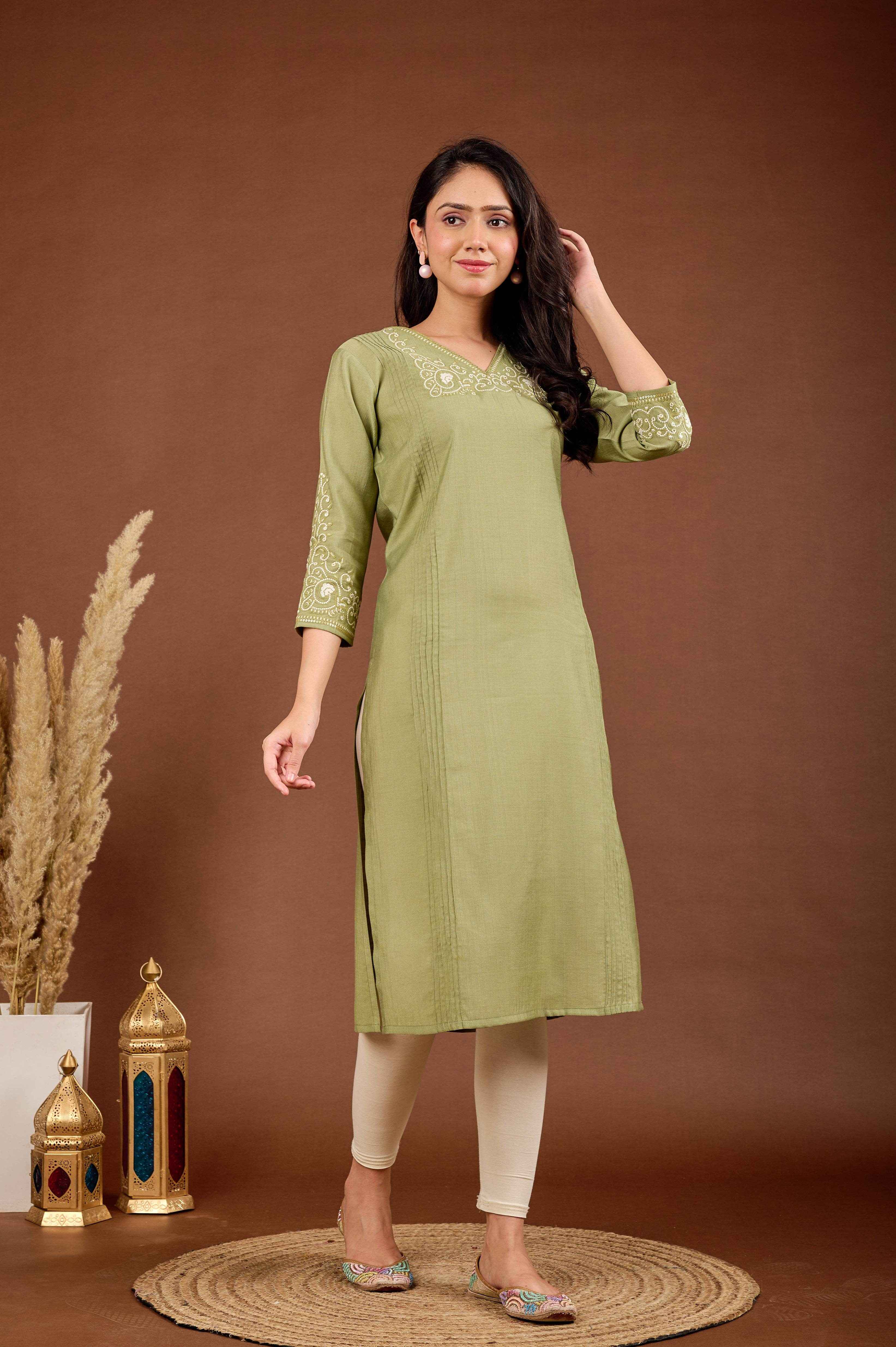 BELVEERA Olive Green White Embroidery on Chest and Sleeves Kurta