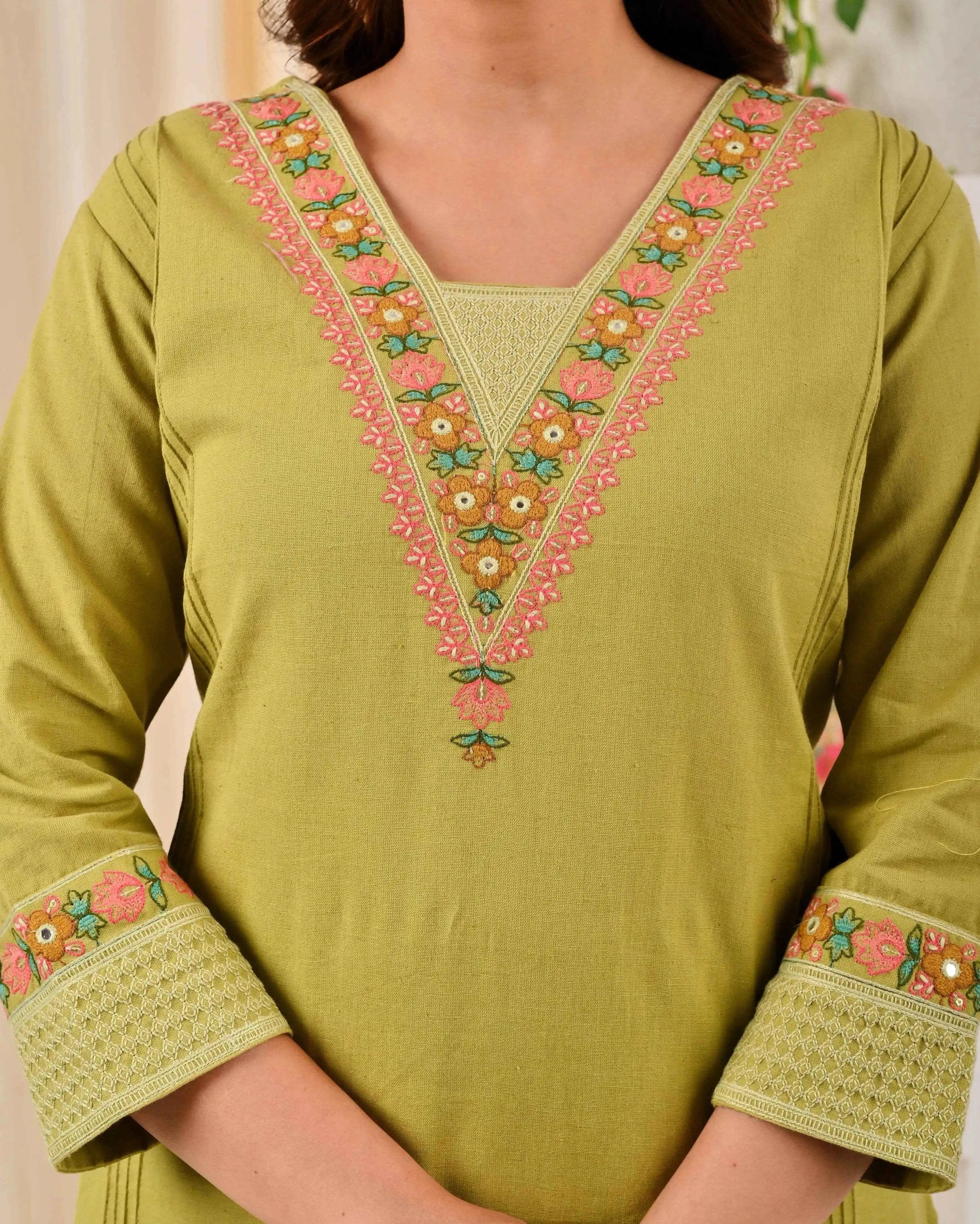 BELVEERA Olive Green Cotton Women’s Kurta Set