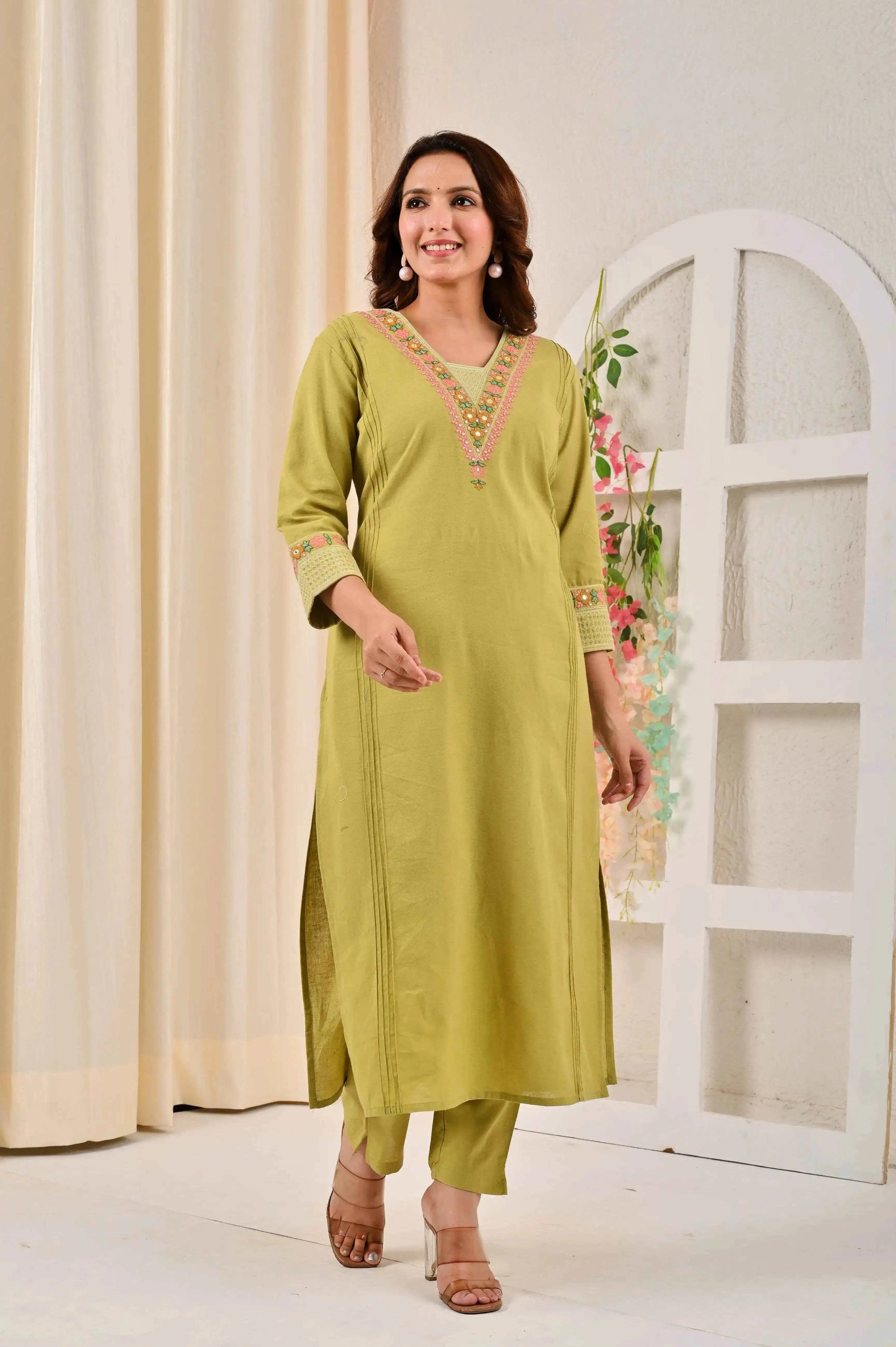 BELVEERA Olive Green Cotton Women’s Kurta Set