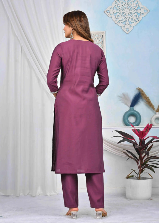 BELVEERA Wine Silk Women’s White Embroidery Kurta Set