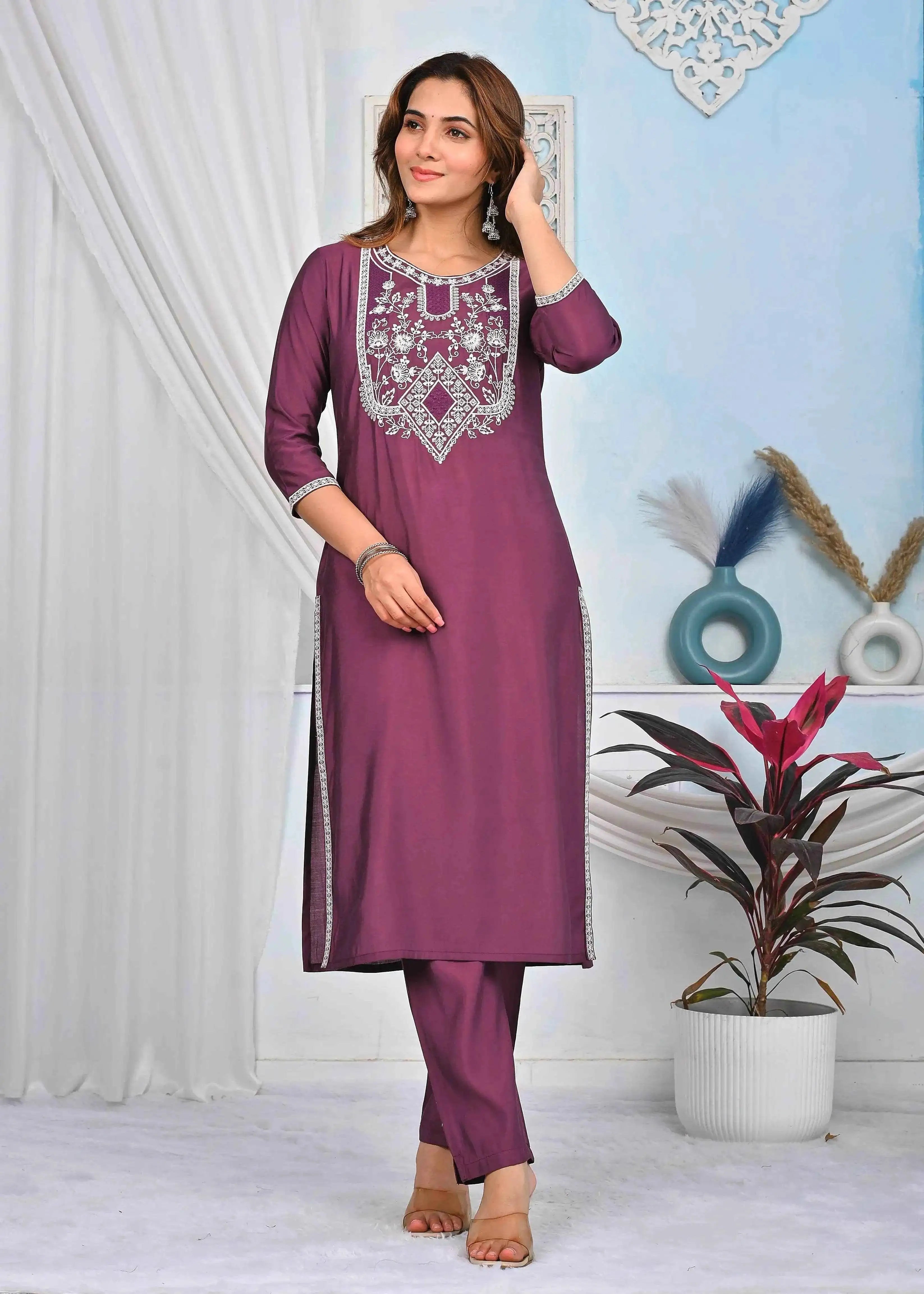 BELVEERA Wine Silk Women’s White Embroidery Kurta Set