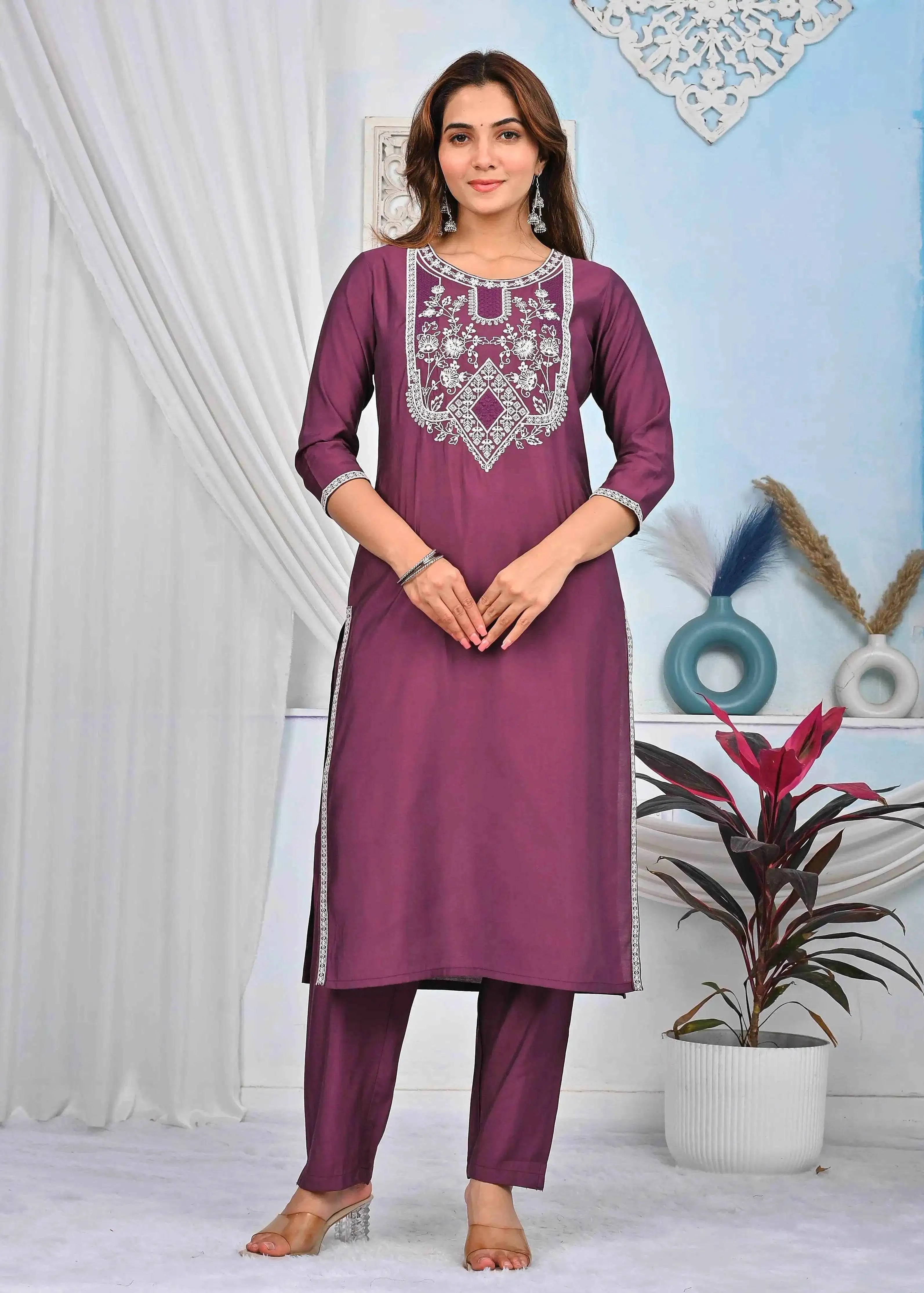 BELVEERA Wine Silk Women’s White Embroidery Kurta Set