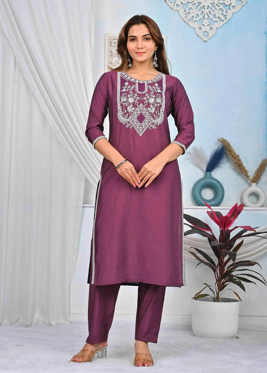 BELVEERA Wine Silk Women’s White Embroidery Kurta Set