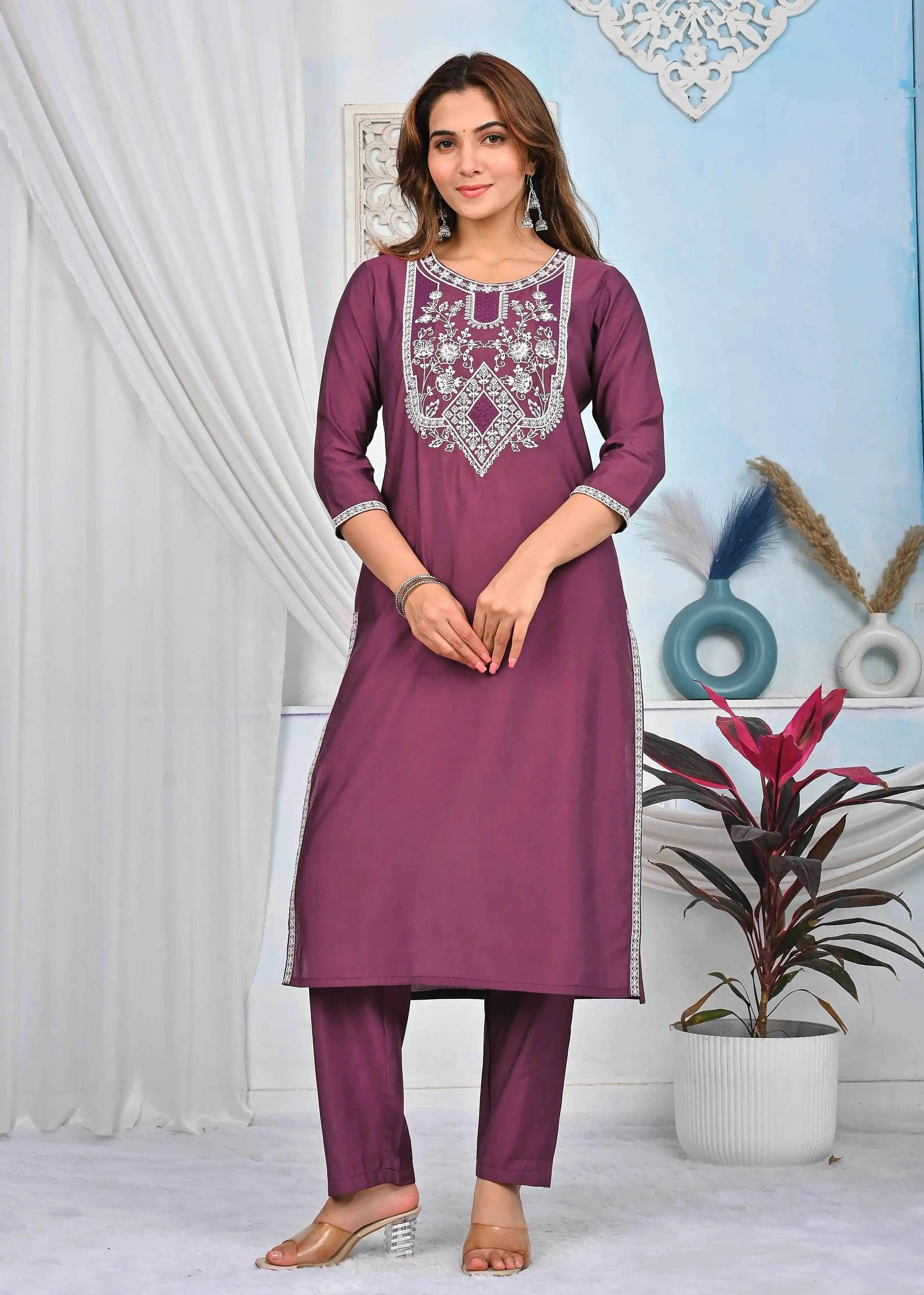 BELVEERA Wine Silk Women’s White Embroidery Kurta Set