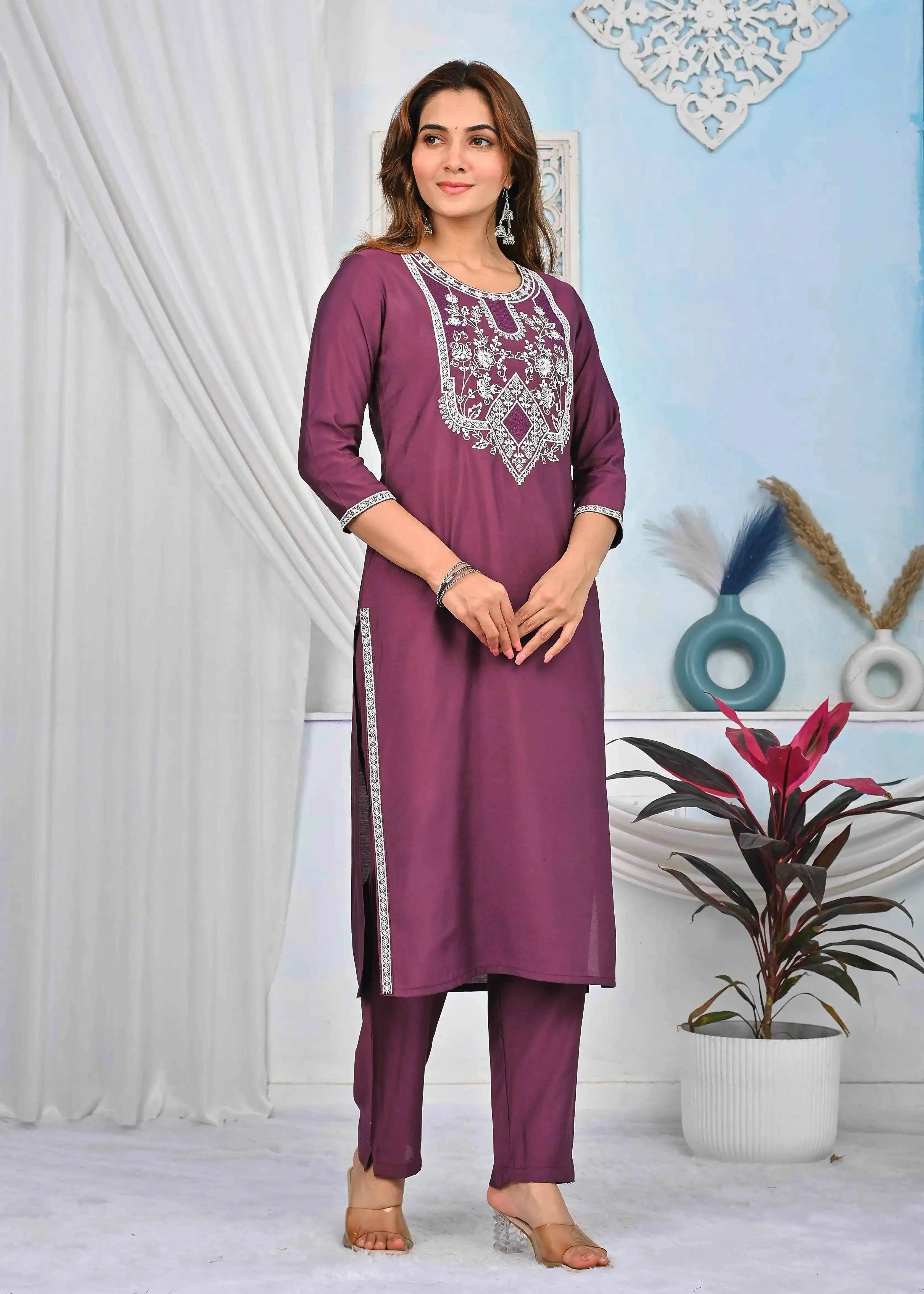 BELVEERA Wine Silk Women’s White Embroidery Kurta Set