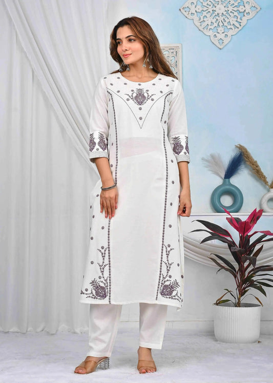 BELVEERA White Cotton Women’s Embroidered Kurta Set