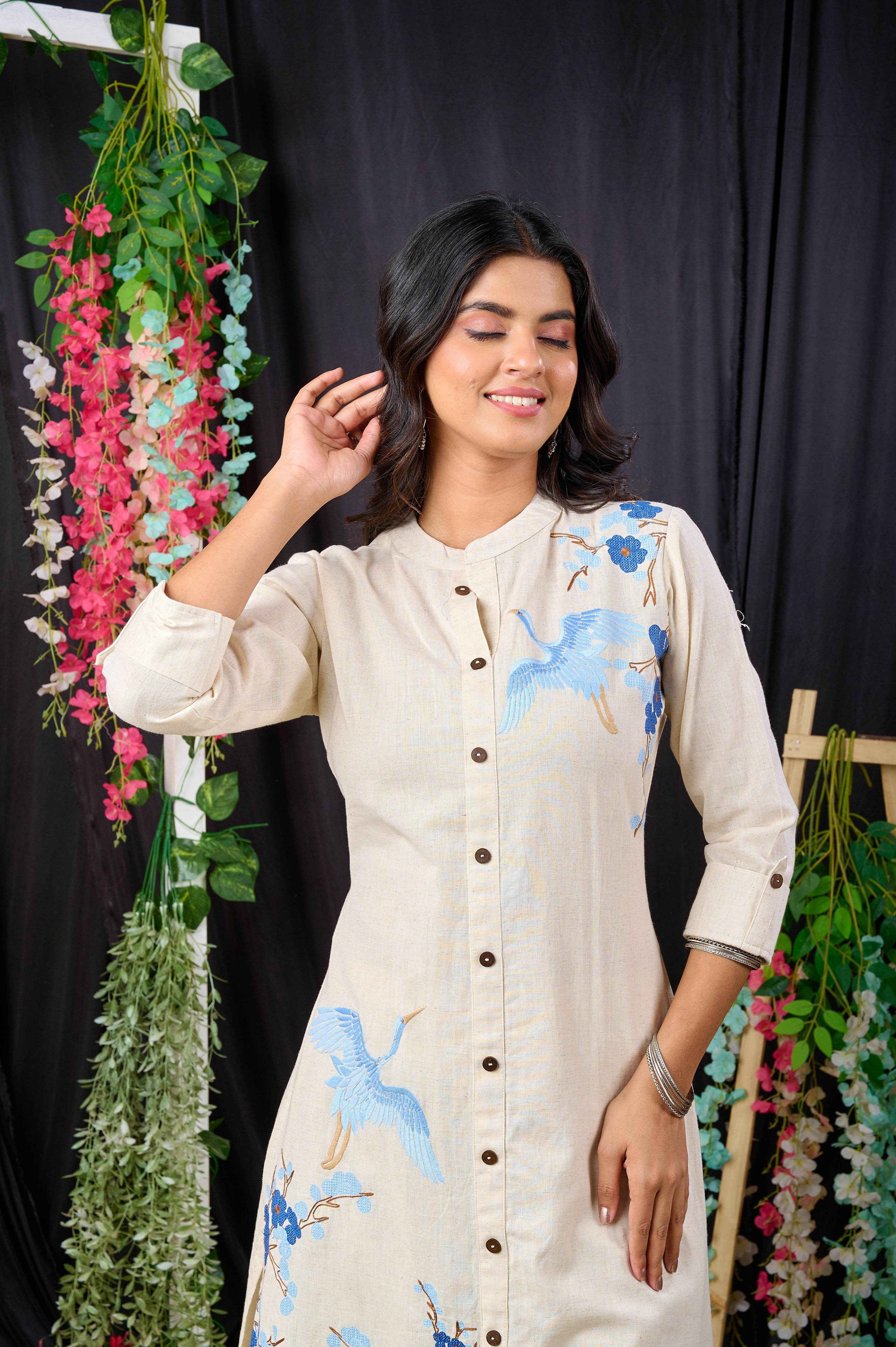 BELVEERA Off White Cotton Women’s Floral Printed Kurta Set