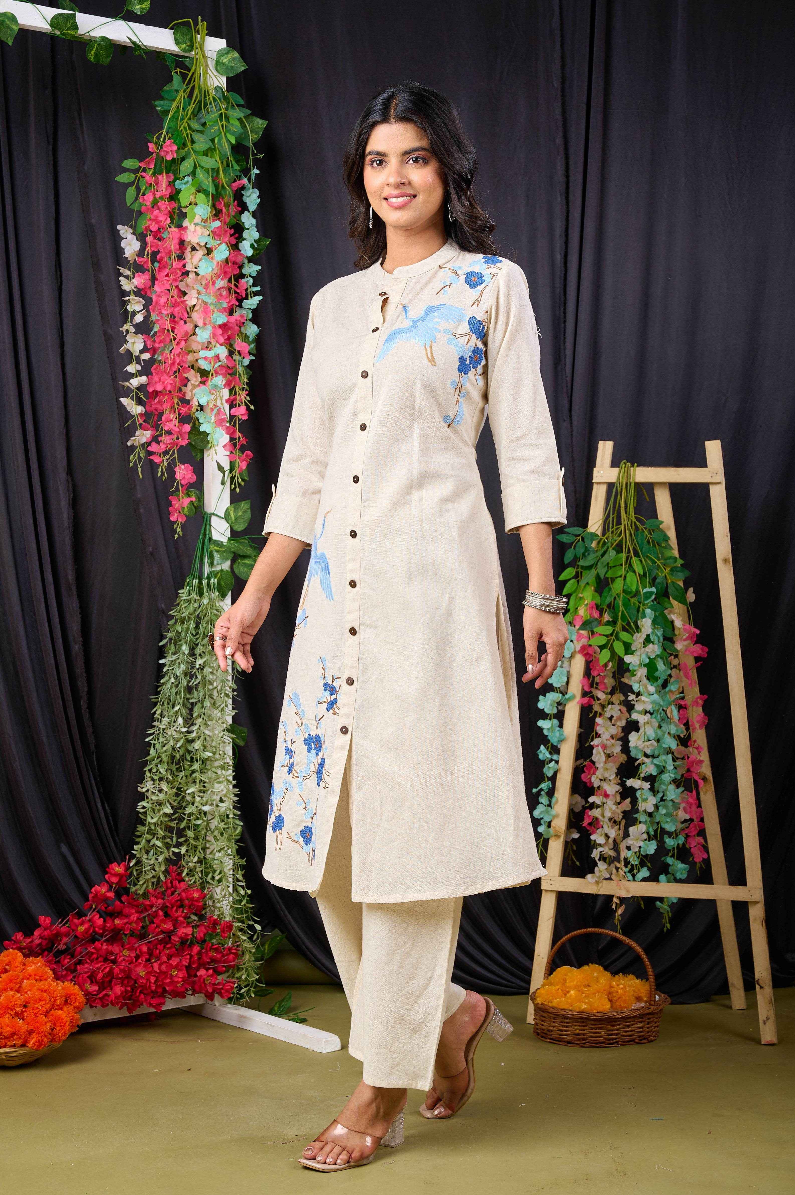 BELVEERA Off White Cotton Women’s Floral Printed Kurta Set