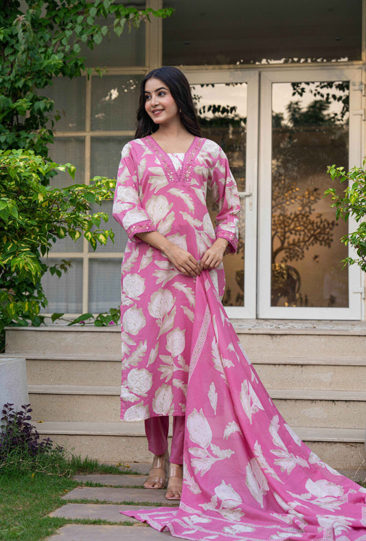 Belveera women's traditional cotton suit in pink with floral design and matching dupatta for elegant style
