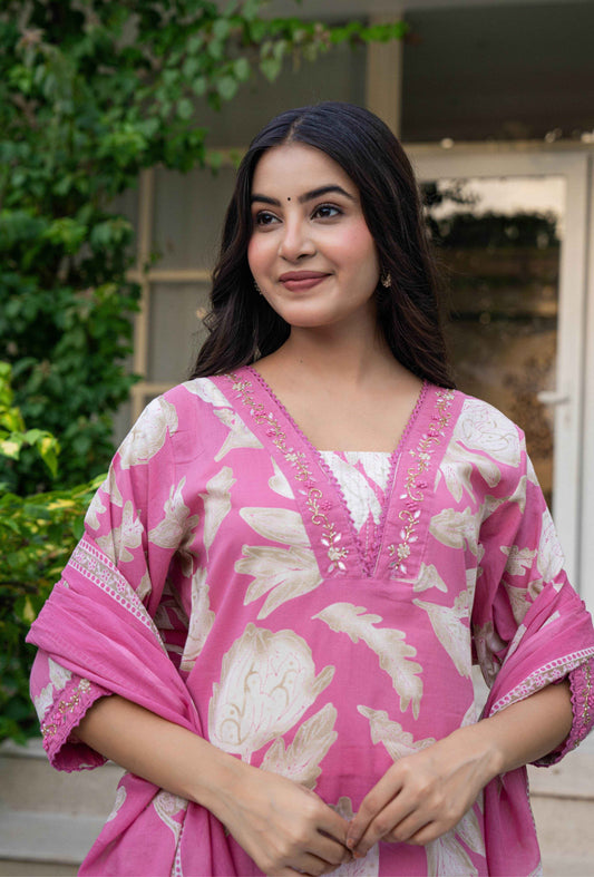 Belveera women's traditional cotton suit in pink with floral patterns and elegant detailing