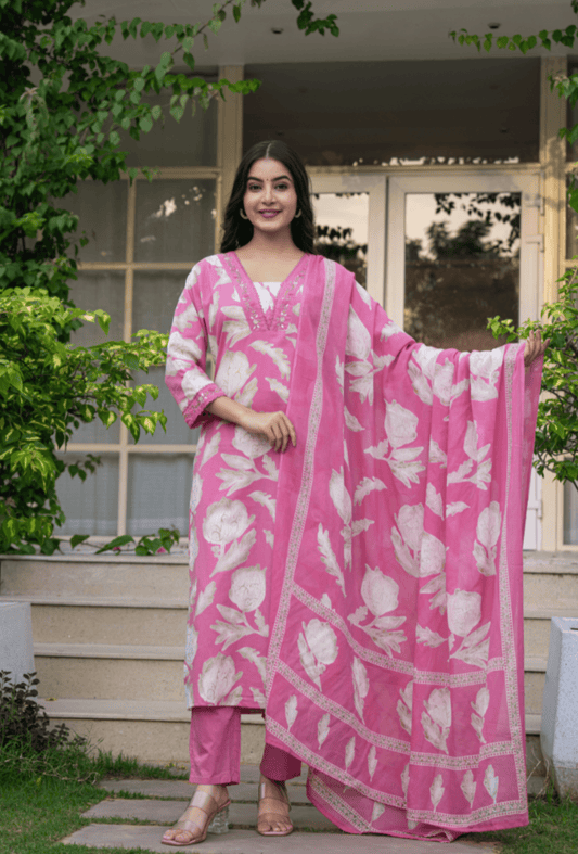 Belveera women's traditional cotton suit in pink with floral patterns and matching trousers