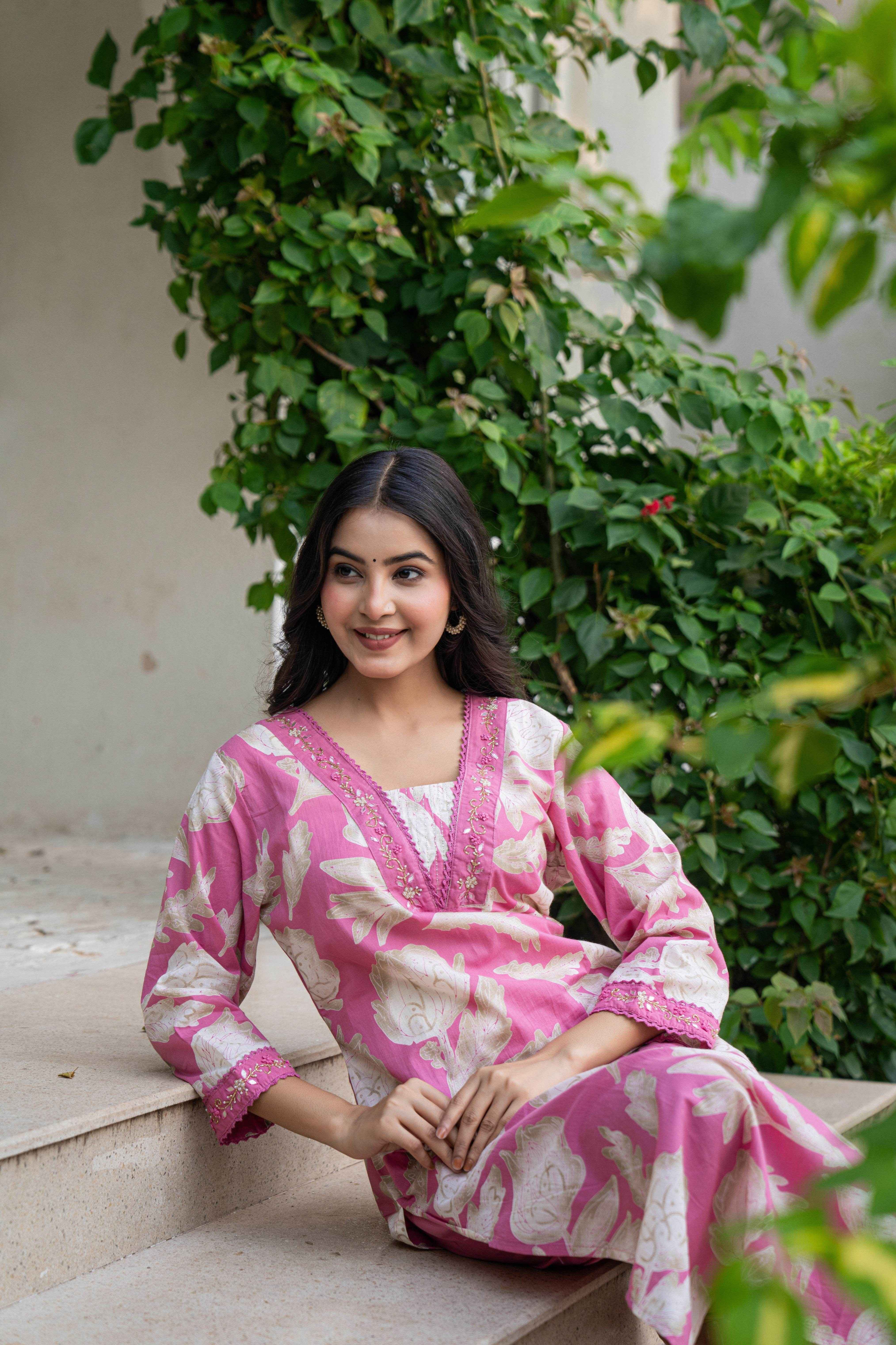 Belveera women's traditional cotton suit in pink with floral designs and intricate detailing