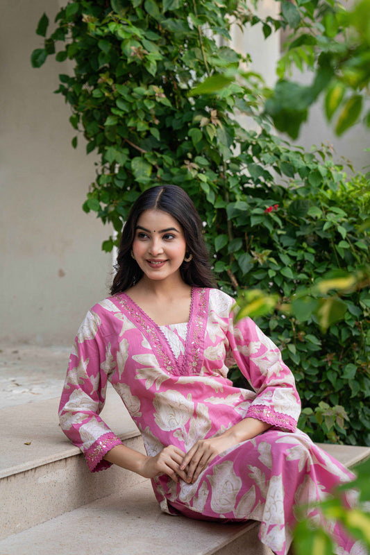 Belveera women's traditional cotton suit in pink with floral designs and intricate detailing
