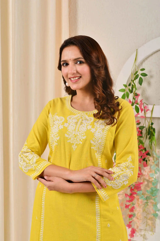 BELVEERA Yellow Cotton Women’s White Embroidered Kurta Set