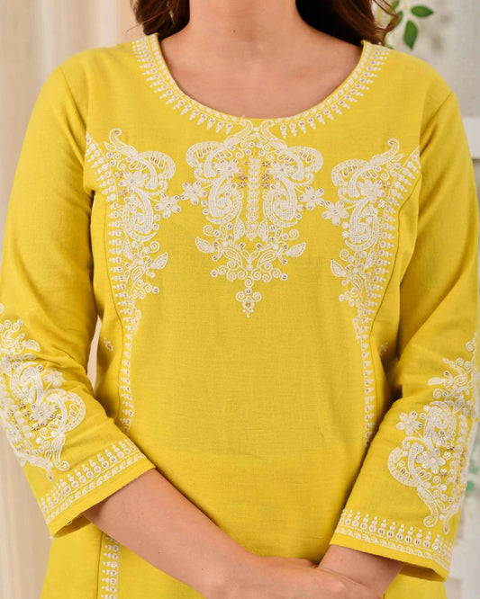 BELVEERA Yellow Cotton Women’s White Embroidered Kurta Set