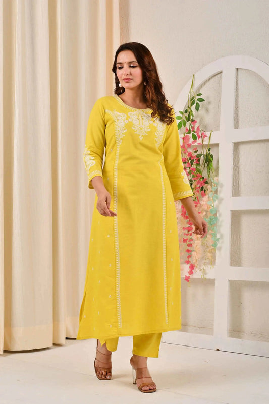 BELVEERA Yellow Cotton Women’s White Embroidered Kurta Set