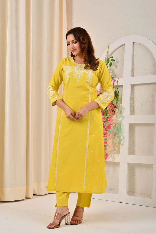 BELVEERA Yellow Cotton Women’s White Embroidered Kurta Set