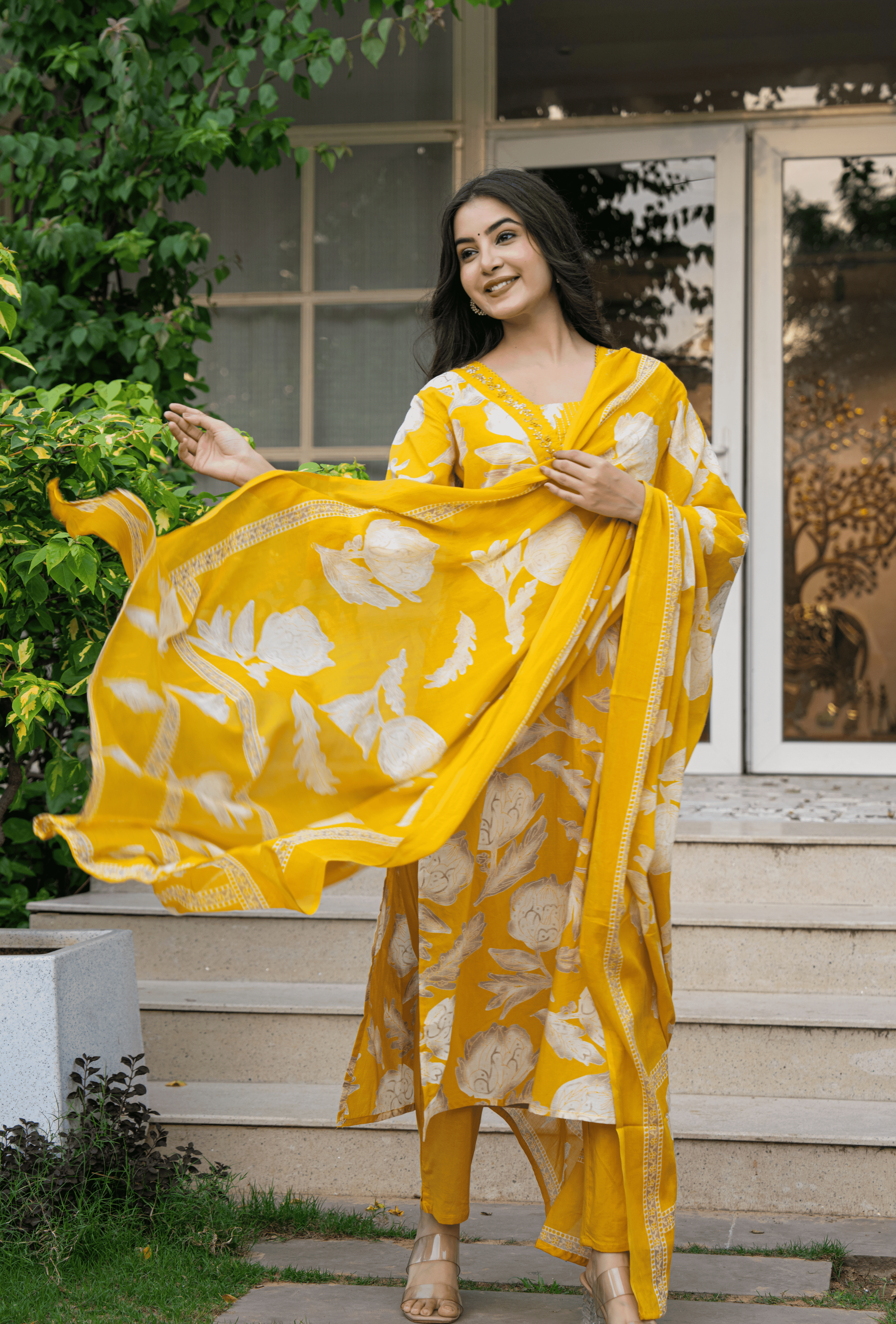 Belveera Yellow Indian Cotton Suit Online with Floral Print and Flowing Dupatta for Elegant Looks
