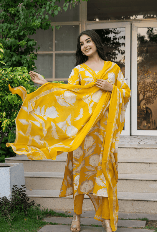 Belveera Yellow Indian Cotton Suit Online with Floral Print and Flowing Dupatta for Elegant Looks