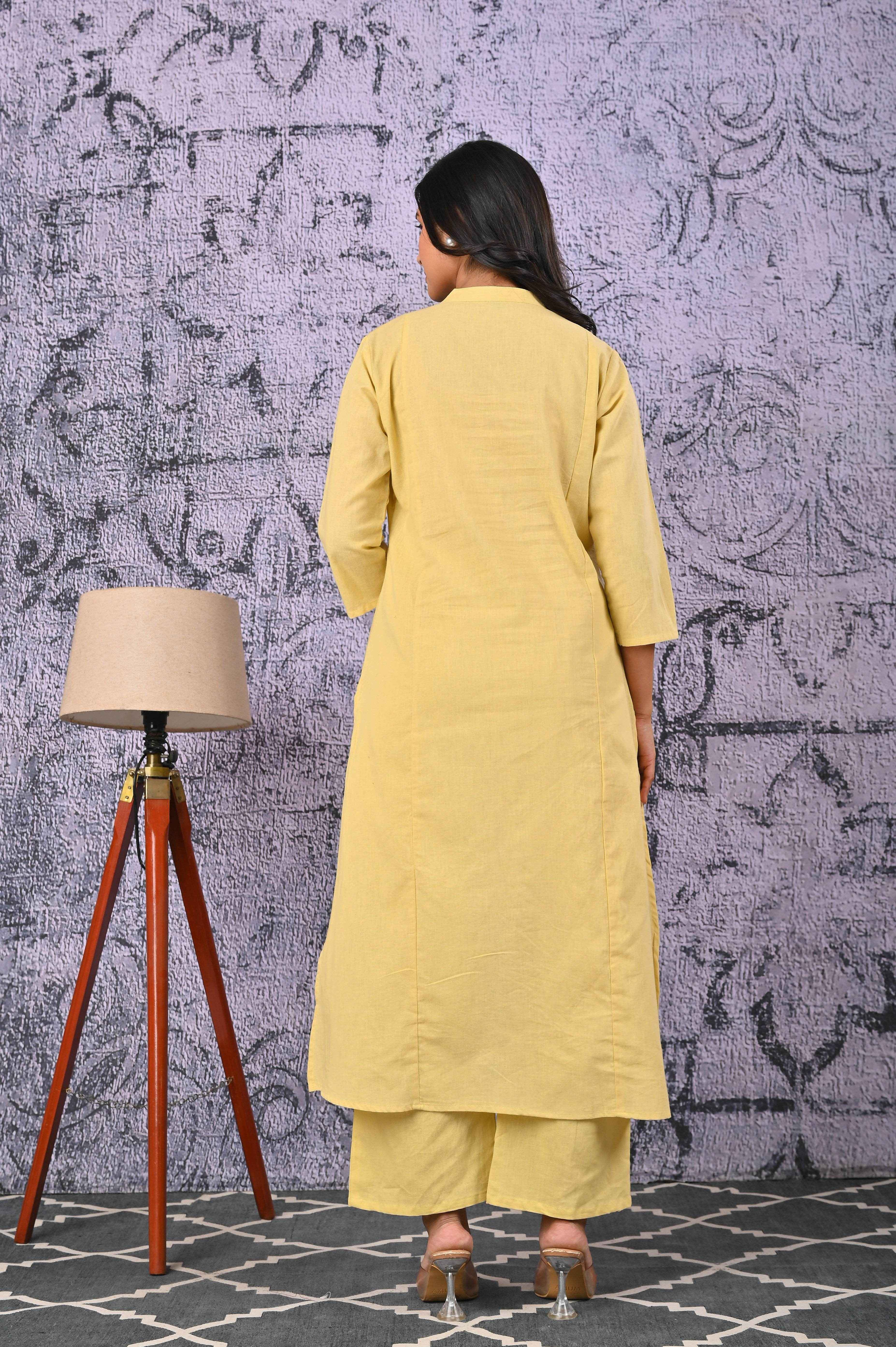 BELVEERA Light Yellow Multicolour Floral Work Detailed Embroidered Kurta Set