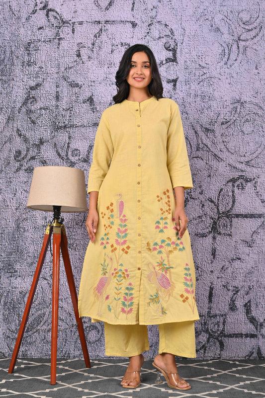 BELVEERA Light Yellow Multicolour Floral Work Detailed Embroidered Kurta Set