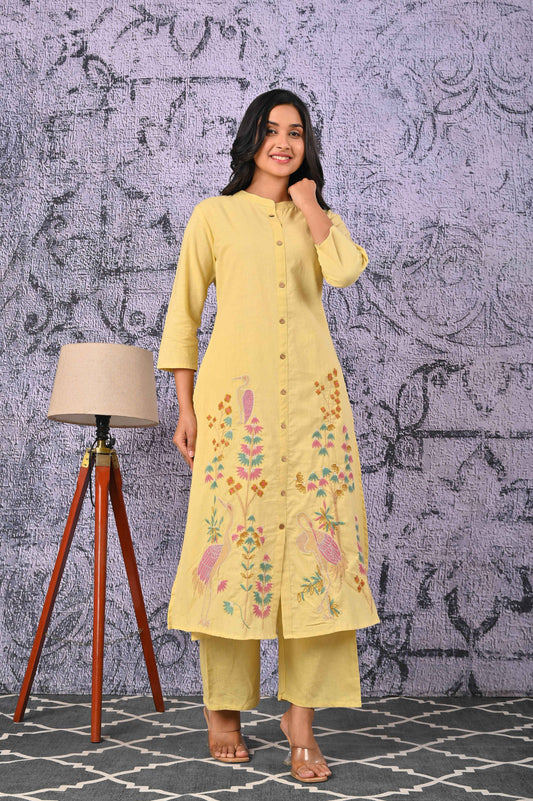 BELVEERA Light Yellow Multicolour Floral Work Detailed Embroidered Kurta Set