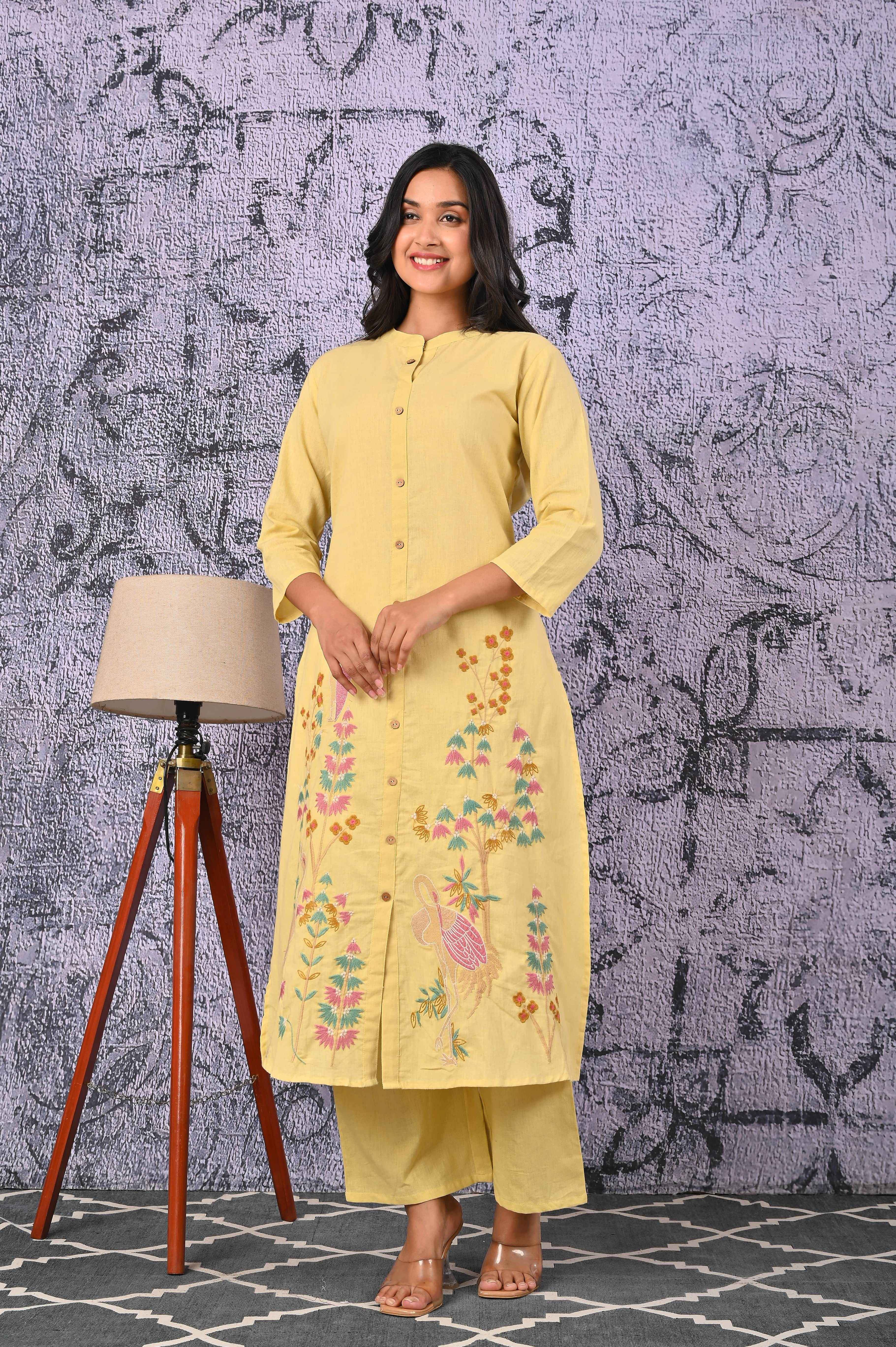 BELVEERA Light Yellow Multicolour Floral Work Detailed Embroidered Kurta Set