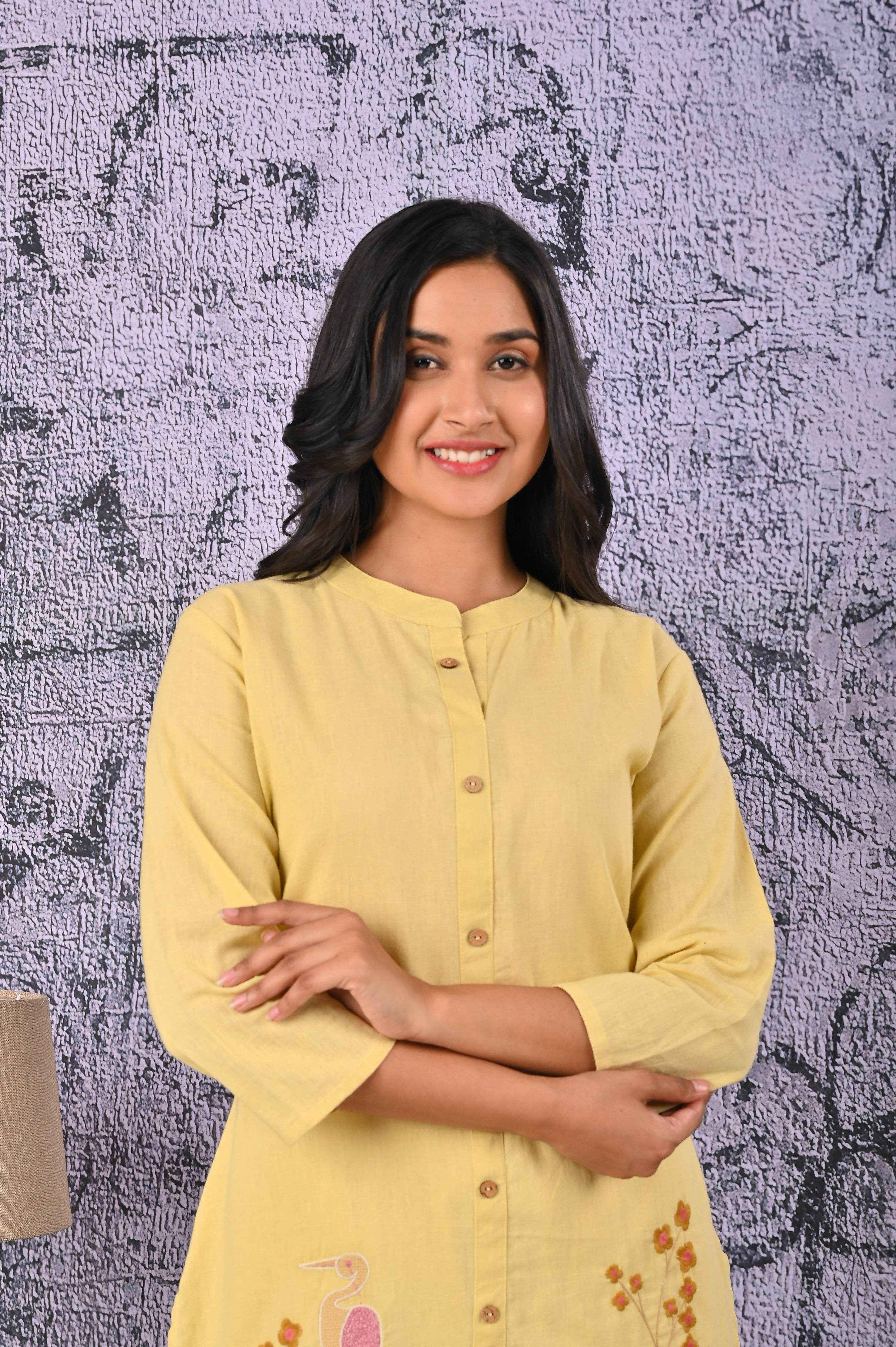 BELVEERA Light Yellow Multicolour Floral Work Detailed Embroidered Kurta Set
