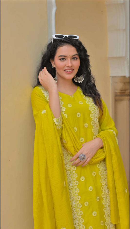 Stylish yellow kurta set for festive occasions with intricate embroidery and elegant accessories