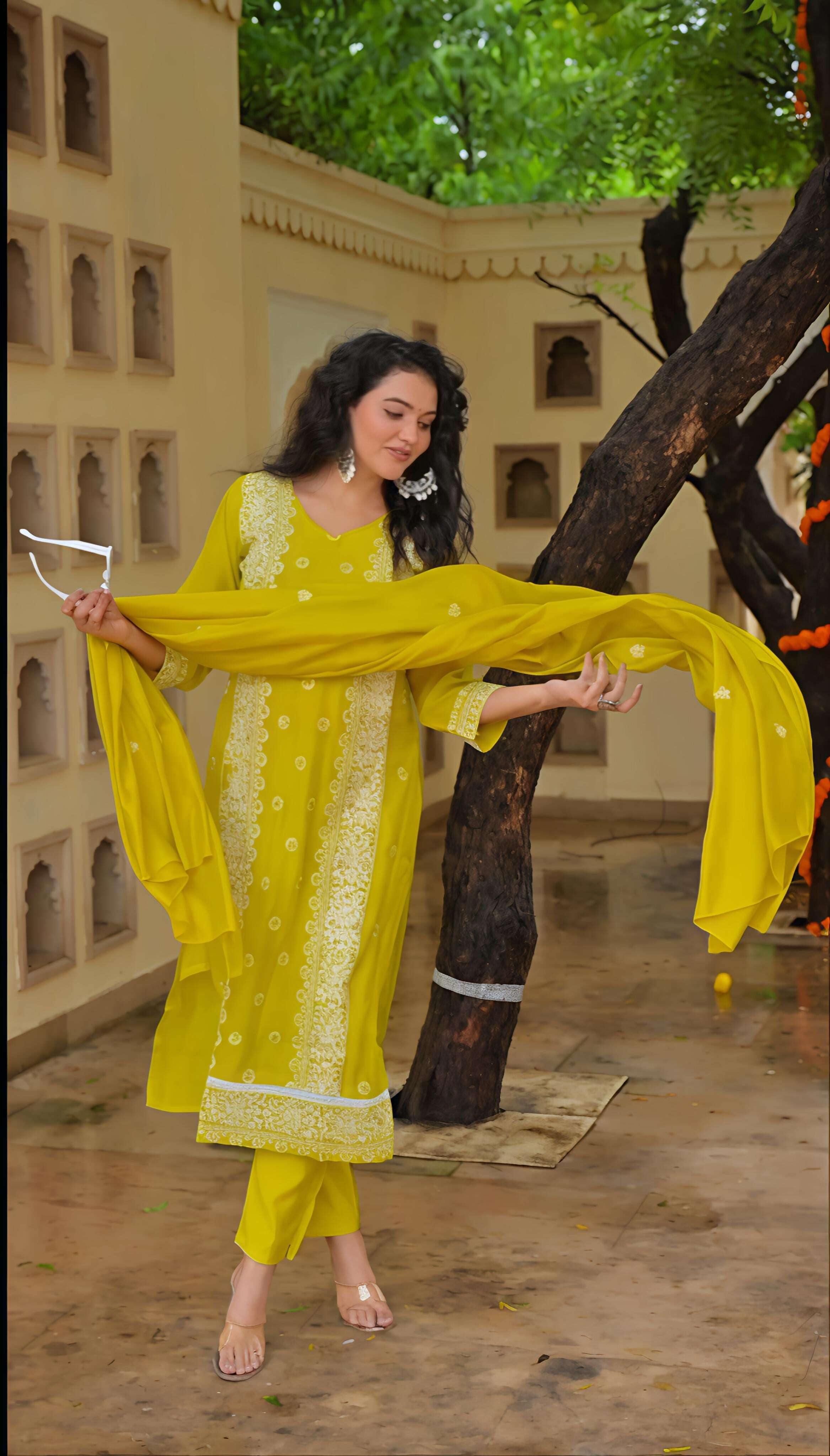 Elegant Belveera yellow kurta set for festive occasions with intricate embroidery and lightweight fabric