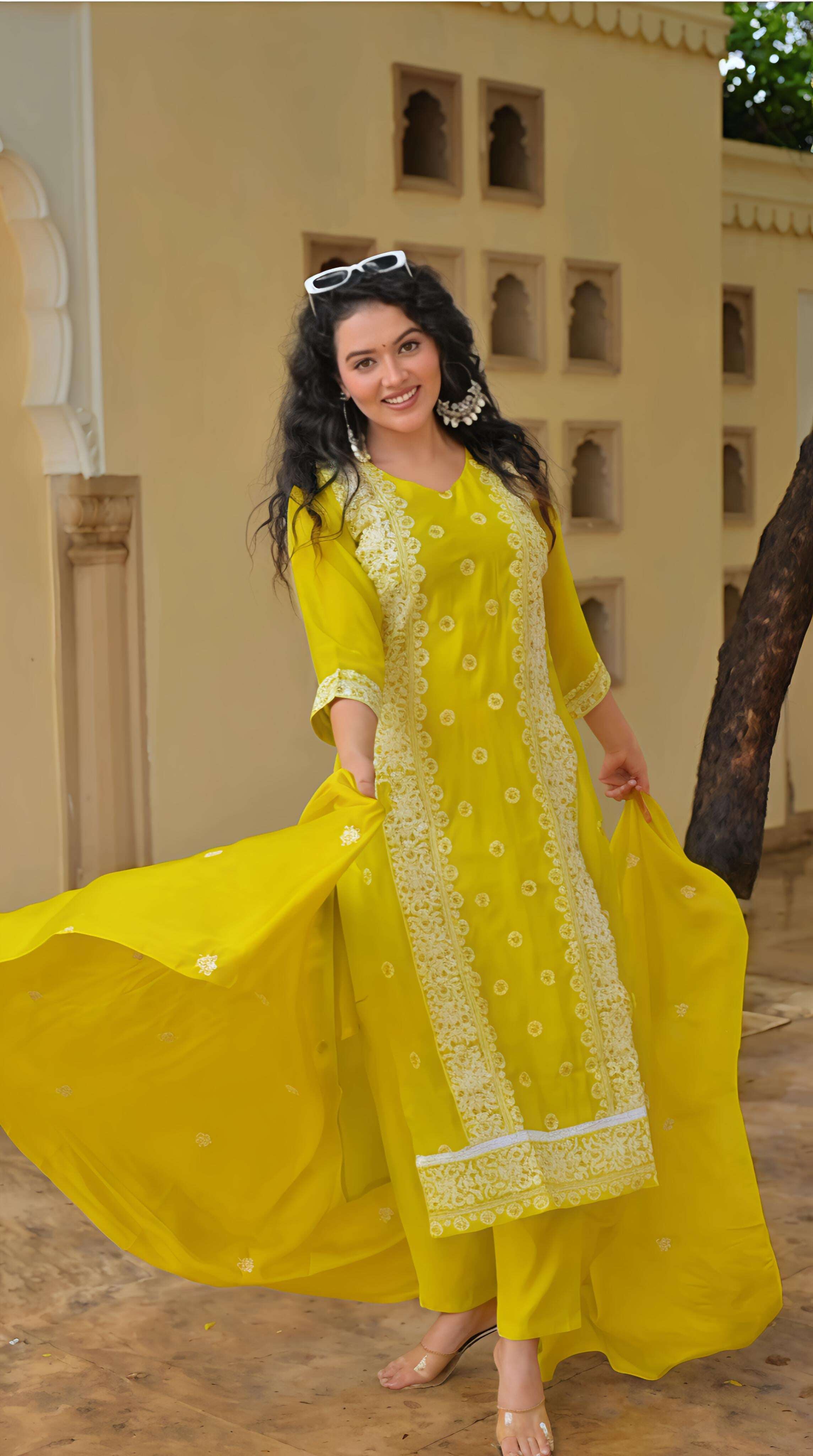 Belveera Yellow Kurta Set for Festive Occasions with Intricate Embroidery and Flowing Design