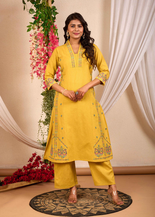 BELVEERA Yellow Cotton Women's Embroidered Kurta Set