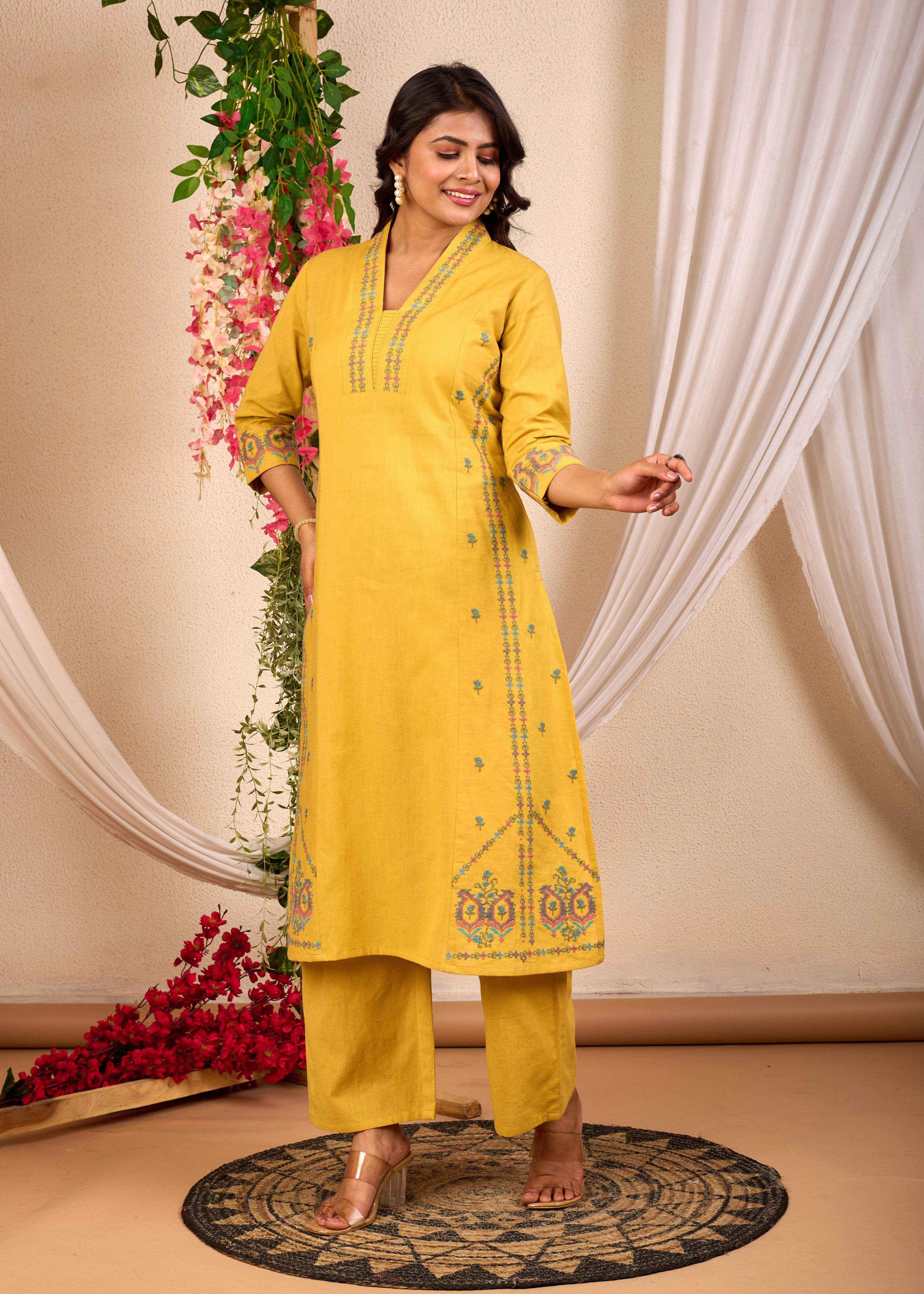 BELVEERA Yellow Cotton Women's Embroidered Kurta Set