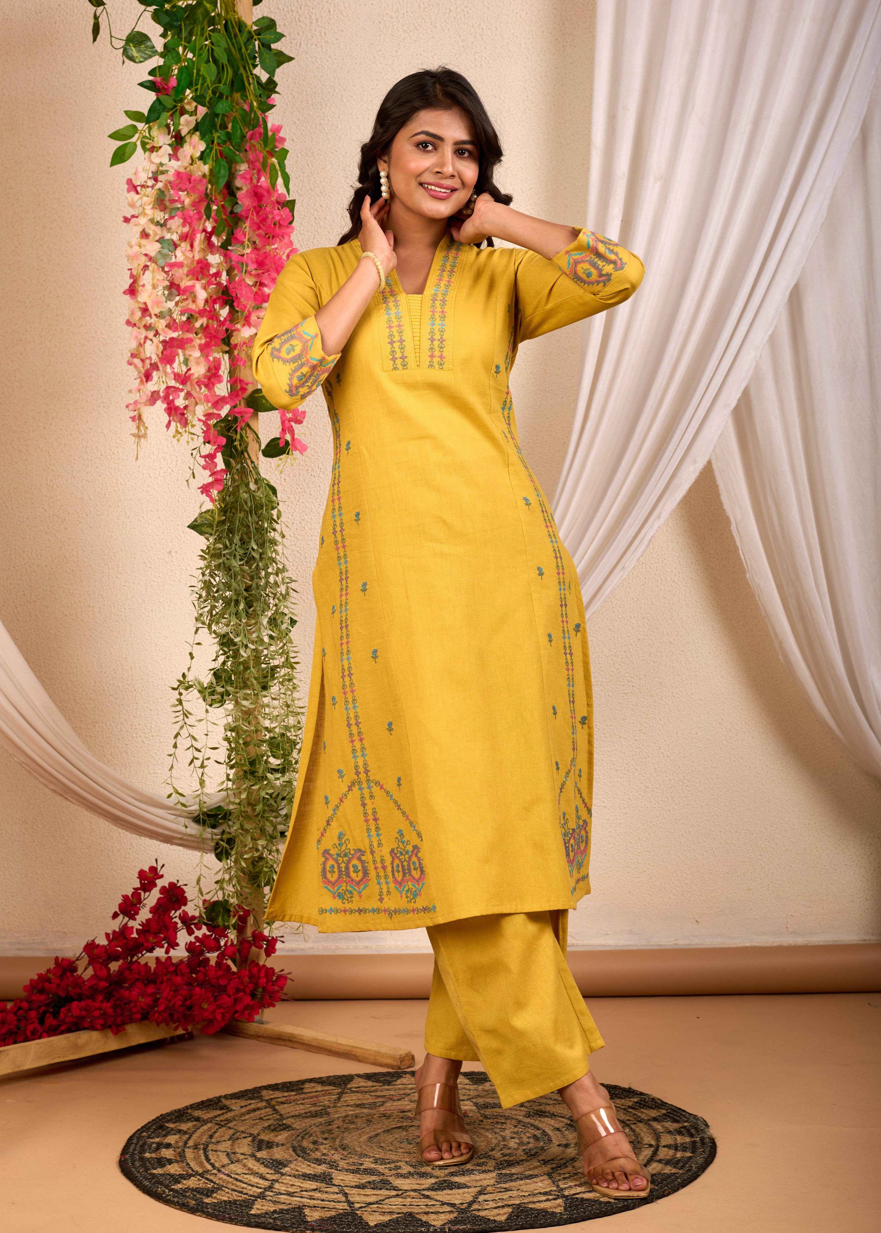 BELVEERA Yellow Cotton Women's Embroidered Kurta Set