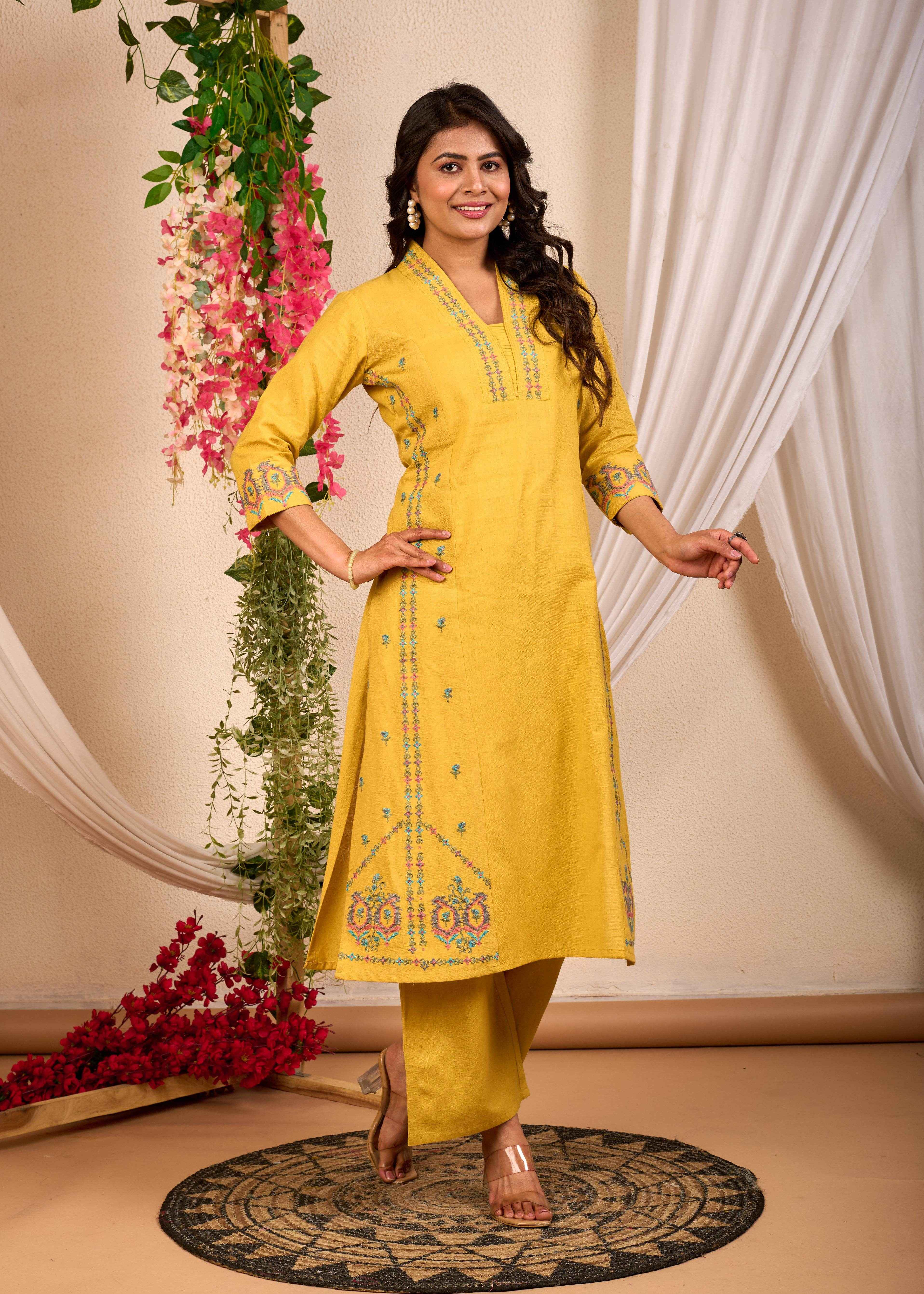 BELVEERA Yellow Cotton Women's Embroidered Kurta Set